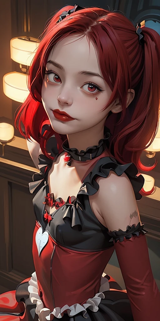 Harley Quinn, (best quality, masterpiece), 1girl, red hair, medium chest,  gothic frill dress, pervert face,