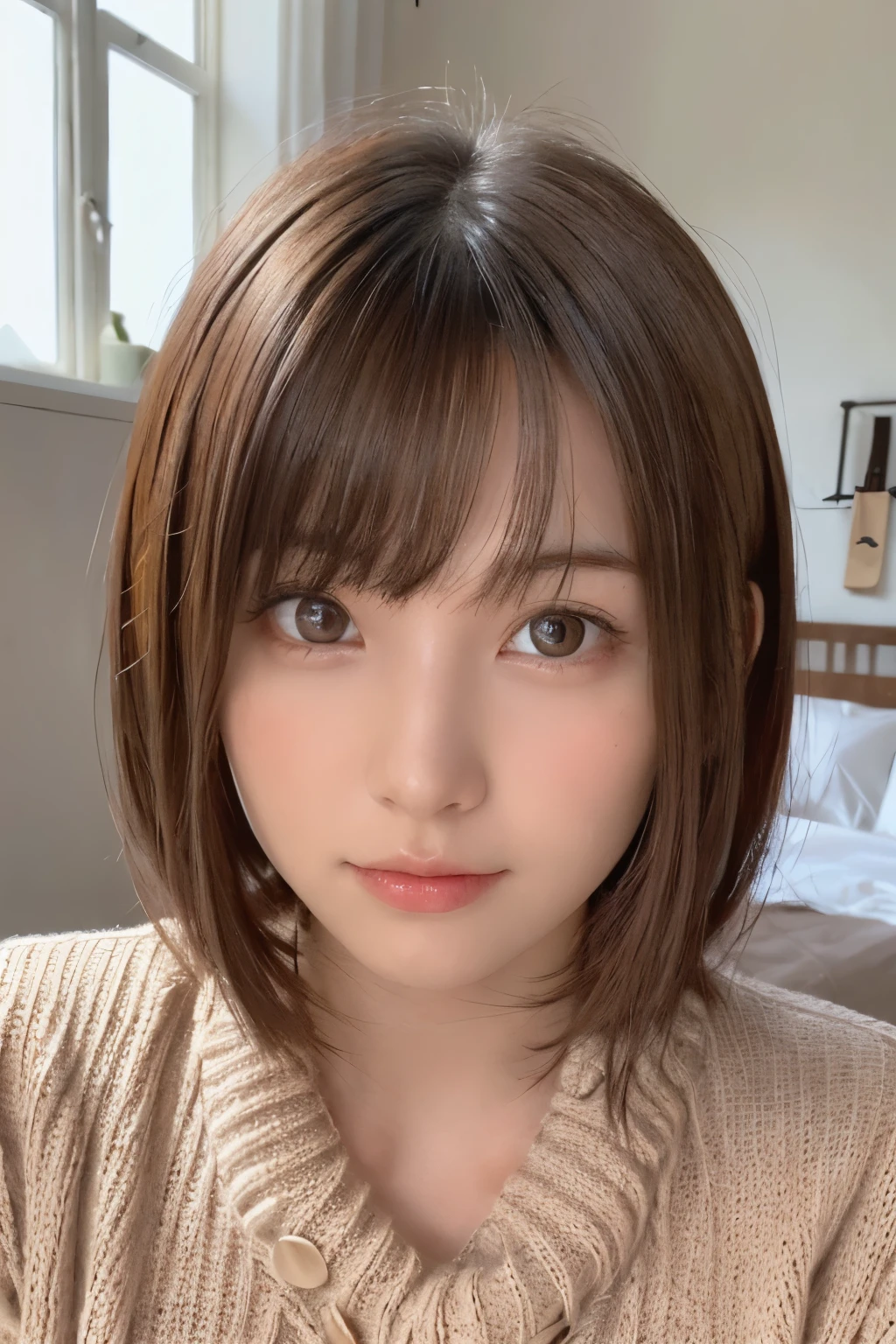 One Girl, (Beautiful girl, Delicate girl:1.3), (16 years old:1.3),
break, Browsing Caution, (nude, Oversized knitted sweater:1.2), (nudeを公開する, Nipples:1.3),
break, (Bedroom),
break, Very beautiful eyes, (Symmetrical eyes:1.3),
break, Small breasts, Brown eyes, Parted bangs, Brown Hair, (Upper teeth, The best smile:0.2),
break, (Eye and facial details:1.0),
break, (masterpiece, Highest quality, Super detailed, Detailed face, 8k)