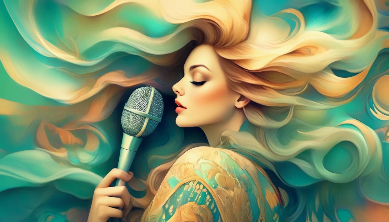 Sideways photo of a beautiful woman with long hair holding a microphone, Beautiful digital illustrations, Beautiful artwork illustration, Amazing digital illustrations, Beautiful digital artwork, Inspired by Anna Dittmann, Amazing digital art, Exquisite digital illustrations, Anna Dittmann's Style, Beautiful digital art, beautiful Amazing digital art, very Beautiful digital art, Beautiful fantasy art portraits