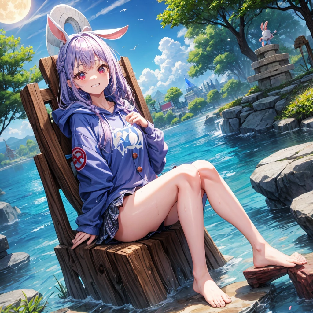 Blue-light purple hair、Red eyes、Braid、One cute girl、solo、And soul、Light clothing、Checked mini skirt、petal、Wet hair、Sitting on a stump、black t-shirts、Rabbit Hoodie、Has a button、large tree、cloud、Red full moon、desert、barefoot、Stones are piled up、Teeth are visible、Secret Treasure、Wooden chair、Fortress City、water is gushing out、Tilting face、Hands together、pyramid、tunnel
