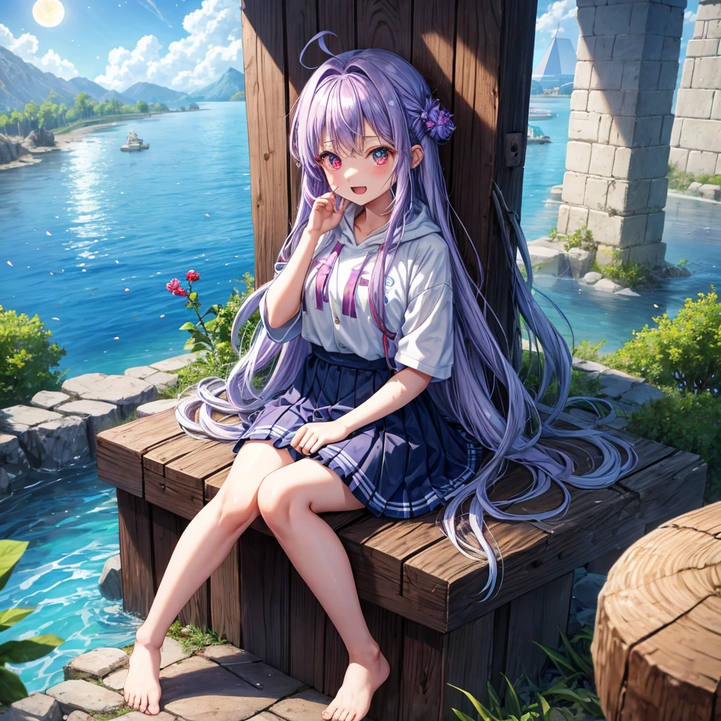 Blue-light purple hair、Red eyes、Braid、One cute girl、solo、And soul、Light clothing、Checked mini skirt、petal、Wet hair、black t-shirts、Rabbit Hoodie、large tree、cloud、Red full moon、desert、barefoot、Stones are piled up、Teeth are visible、Secret Treasure、Fortress City、Tilting face、Pedalling a bicycle、hourglass
