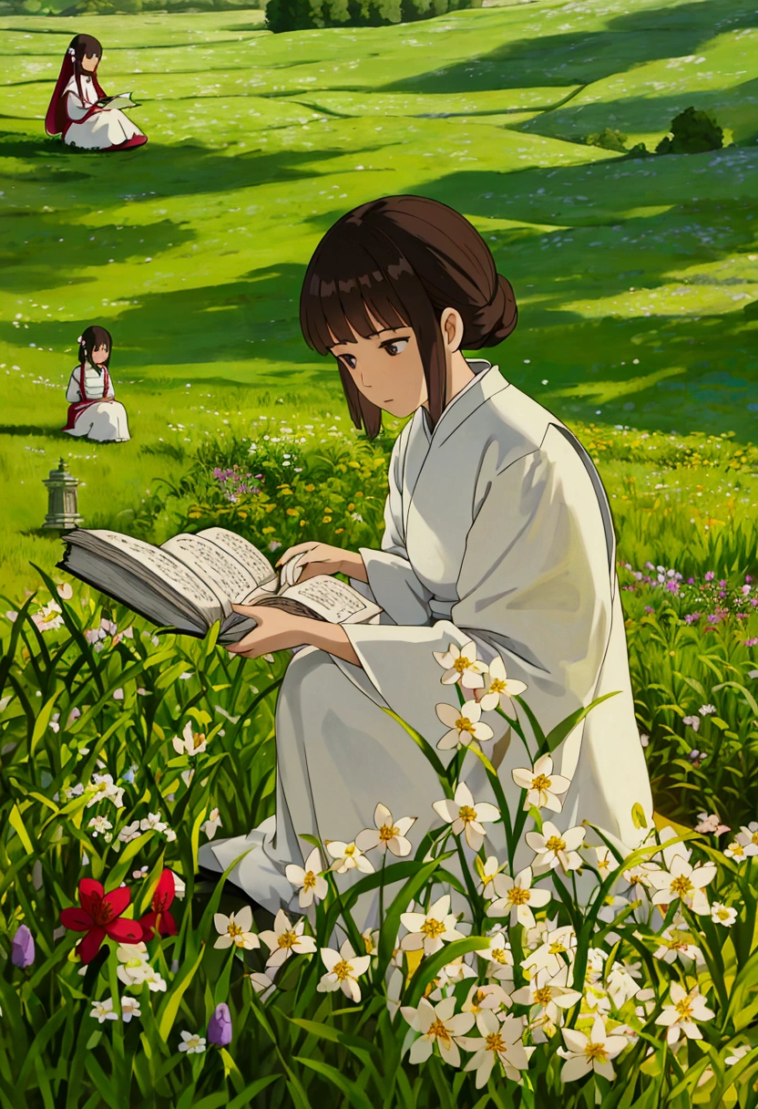 arafed woman sitting in a field of flowers reading a book, white hanfu, palace , a girl in hanfu, girl sitting in a flower field, by Yang J, sitting in a field of flowers, in a field of flowers, in a cottagecore flower garden, hanfu, in a field with flowers, girl in flowers