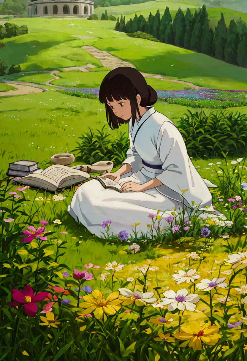 arafed woman sitting in a field of flowers reading a book, white hanfu, palace , a girl in hanfu, girl sitting in a flower field, by Yang J, sitting in a field of flowers, in a field of flowers, in a cottagecore flower garden, hanfu, in a field with flowers, girl in flowers