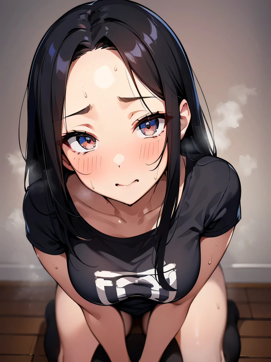 (masterpiece、Fine details),Woman kneeling、20-year-old、(Black Hair、Shortcuts、Forehead),T-Shirts、paizuri,Grab your chest、Beautiful Eyes、blush、looks fun、Sweat、Fog around the mouth、Close-up of face、sfw、living