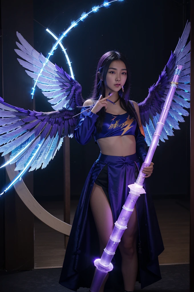 You want to create a logo with the letters HC, featuring a glowing Chinese dizi flute. The logo should have blue and purple wings, and the HC should be situated within a space-time portal with the main colors being glowing blue and purple. There should also be lightning wrapped around the wings
