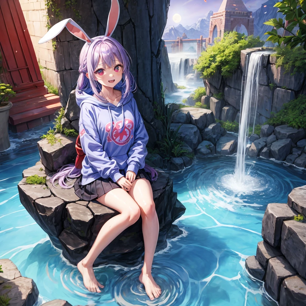 Blue-light purple hair、Red eyes、Braid、One cute girl、solo、And soul、Light clothing、Checked mini skirt、petal、Wet hair、Sitting on a stump、black t-shirts、Rabbit Hoodie、Has a button、large tree、cloud、Red full moon、desert、barefoot、Stones are piled up、Teeth are visible、Secret Treasure、Wooden chair、Fortress City、water is gushing out、Tilting face、Hands together、pyramid、tunnel
