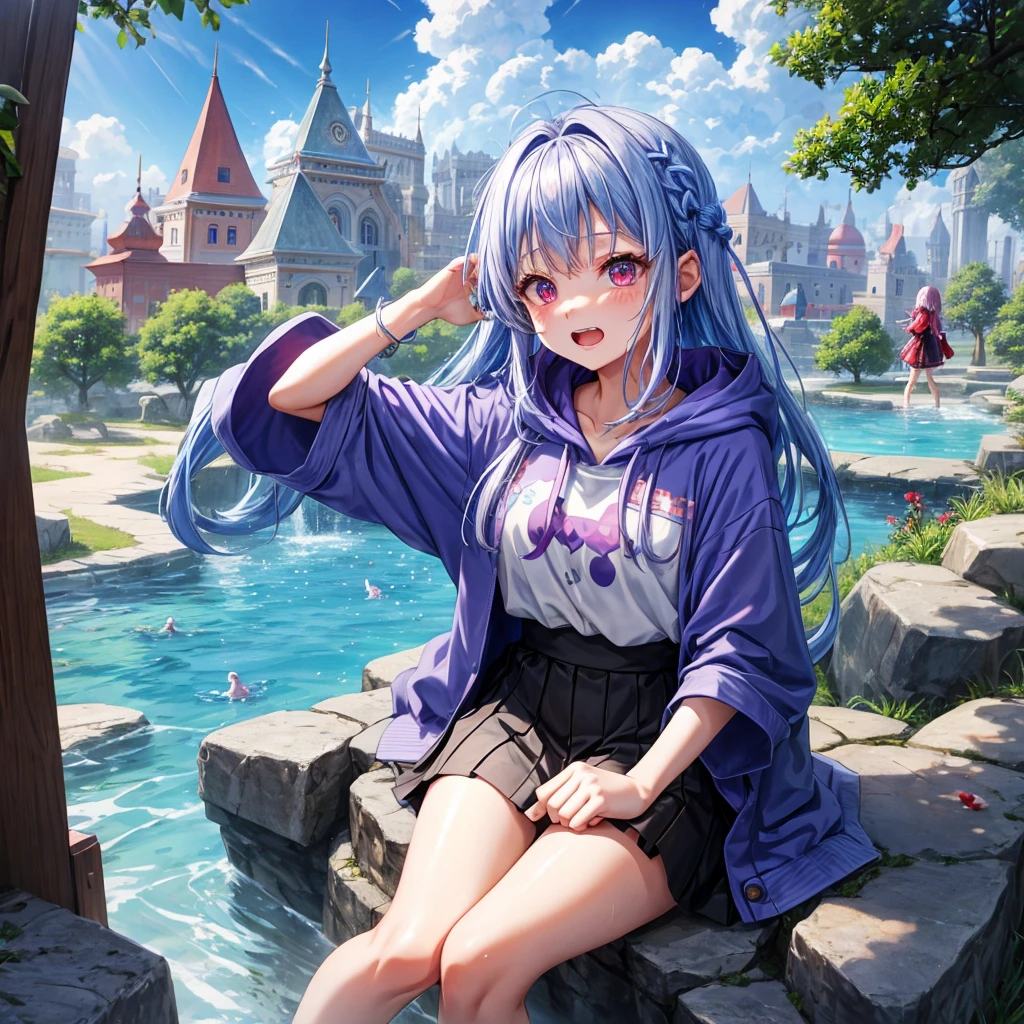 Blue-light purple hair、Red eyes、Braid、One cute girl、solo、And soul、Light clothing、Checked mini skirt、petal、Wet hair、Sitting on a stump、black t-shirts、Rabbit Hoodie、Has a button、large tree、cloud、Red full moon、desert、barefoot、Stones are piled up、Teeth are visible、Secret Treasure、Wooden chair、Fortress City、water is gushing out、Tilting face、Hands together、pyramid、tunnel