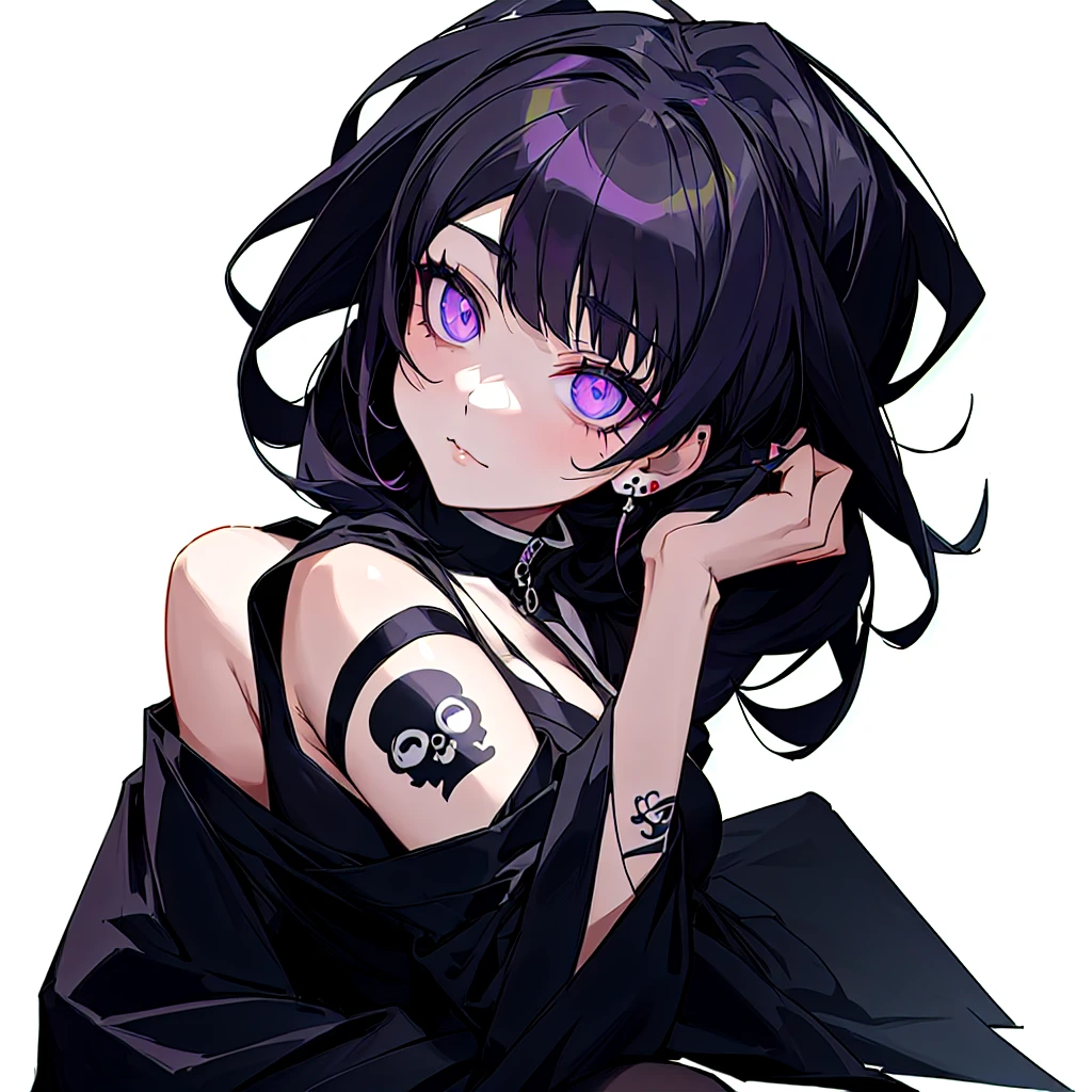 Jk. 1girl. Neon palette, short black hair, side swept bangs, asymmetrical hair, black ruffled crop-top dress, shoulders exposed, black tennis skirt, black fishnets, black knee-high boots, black choker on neck. Tattoo's on arms.