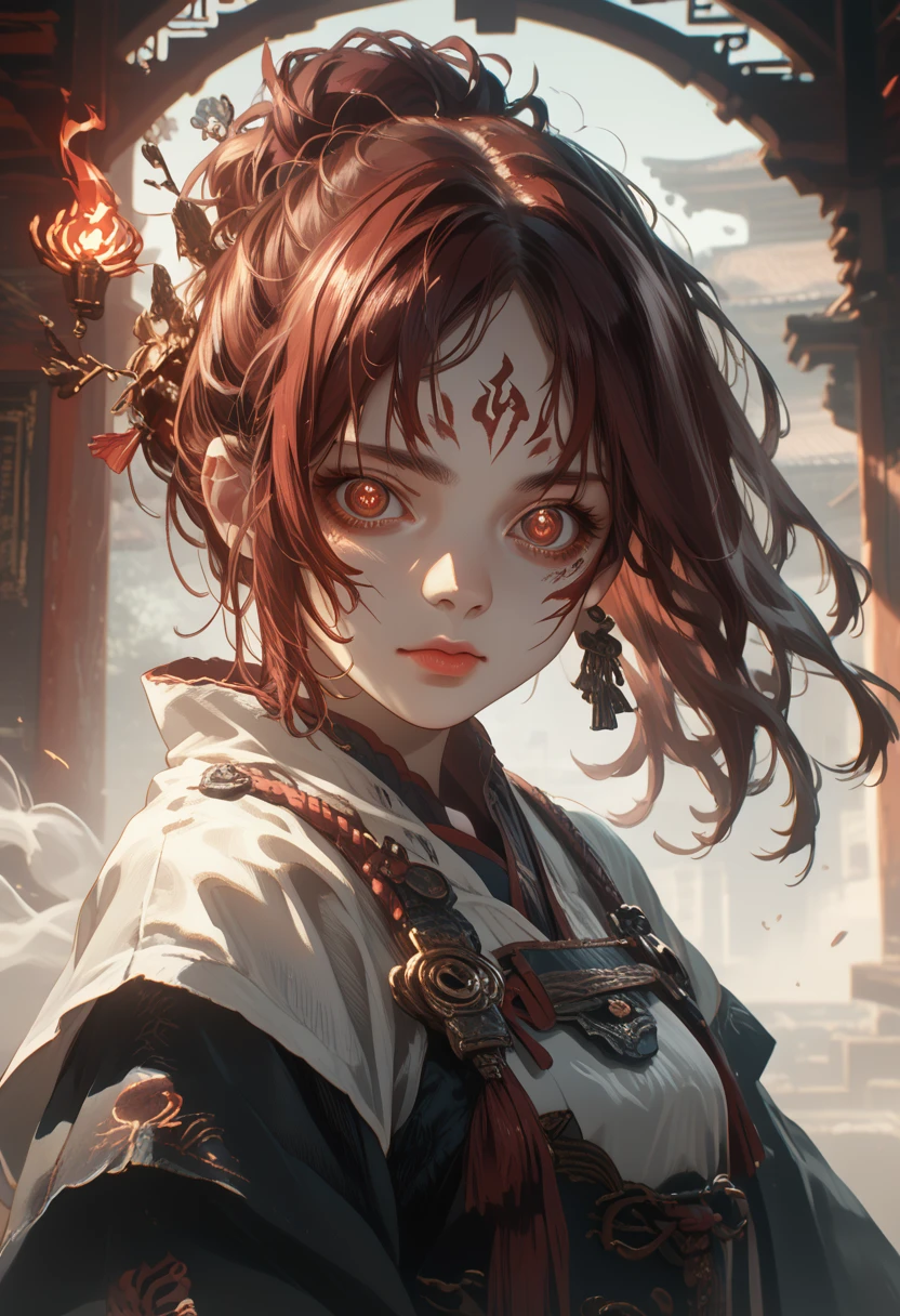 better image quality, masterpiece level, ultra high resolution, Realism, fantasy theme, weapon, Detailed faces, Young woman, lonely, lock of hair, Fairy Tale Theme, upper body, chinese architecture, flame, Get detailed outdoor and film lighting, increase detail in overall ambient lighting, Face and eye details, improve the Realism of body details, clearly express sharp focus, inexpressive, white clothes, burgundy hair, bright eyes, simple background.