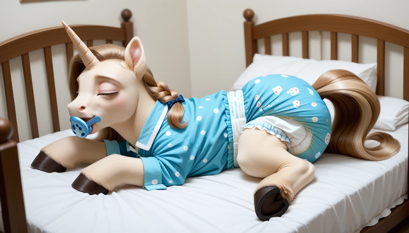 pony, light caramel unicorn, adult mare, sleeps in an adult-sized crib, closed eyes, lush mane braided, bushy tail, dressed in bright blue pajamas, blue pacifier in mouth, solo, thick light blue diaper under clothes, bulge on the back of the diaper, between the hind hooves and on the front of the diaper, saggy diaper.