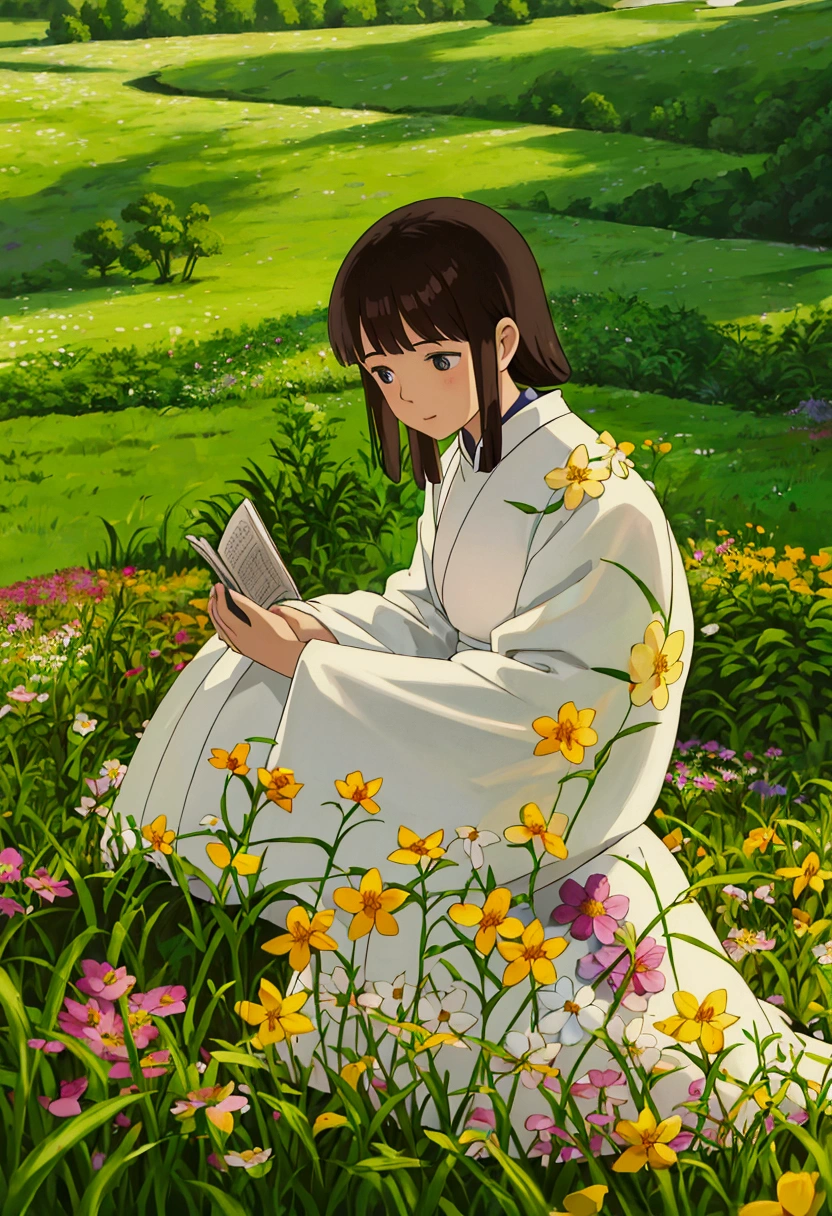 arafed woman sitting in a field of flowers reading a book, white hanfu, palace , a girl in hanfu, girl sitting in a flower field, by Yang J, sitting in a field of flowers, in a field of flowers, in a cottagecore flower garden, hanfu, in a field with flowers, girl in flowers