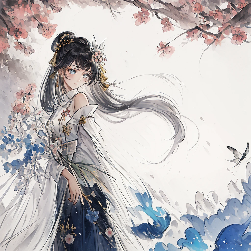 (((masterpiece))),(((best quality))),((Extremely detailed)),(illustration),(1 Girl),(Solitary),((Extremely exquisite and beautiful)), Girl,((Beautiful detailed sky)),Beautiful and delicate eyes,Blunt side bangs,Hair between eyebrows,Ribbon,bow tie,Buttons,Bare shoulders,(Small Breasts),Two eyes straight,Pleated Skirt,See it up close,((微wind)),Splash,fly,wind