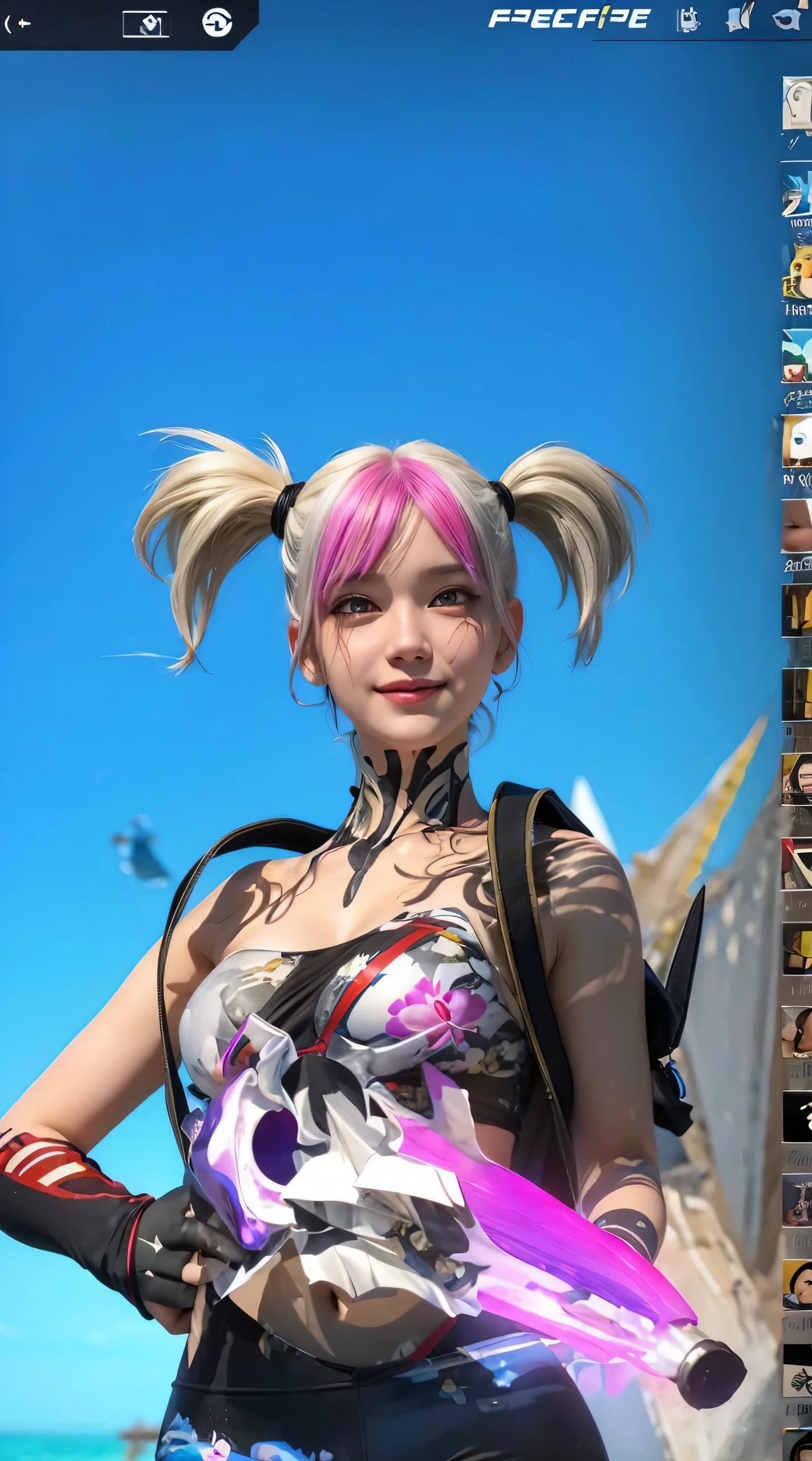 masterpiece, best quality, ultra-detailed, illustration,, hanekawashorthair, 1girl, full body, , black eyes, multicolored hair, black hair, white hair,, swimsuit,, detailed background, mksts style, cute smile,cute face
