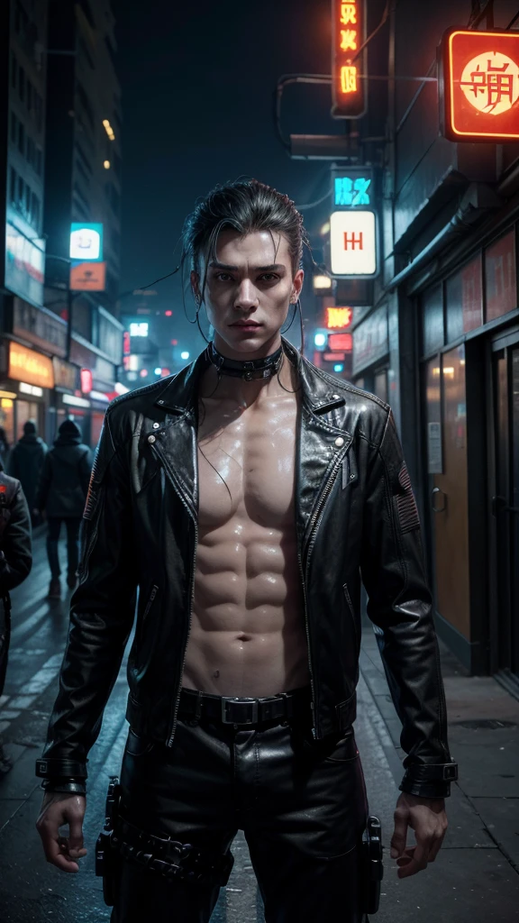 A man stands out with mechanized body parts in cyberpunk style. Its transparent skin reveals circuits and cables., while his eyes shine with colorful LEDs. The limbs are a mixture of flesh and metal., with advanced prosthetics and cybernetic interfaces. wearing a black leather jacket, The figure is set in a dystopian urban environment with decaying skyscrapers. The image represents the fusion between the human and the mechanical in the futuristic world of cyberpunk.