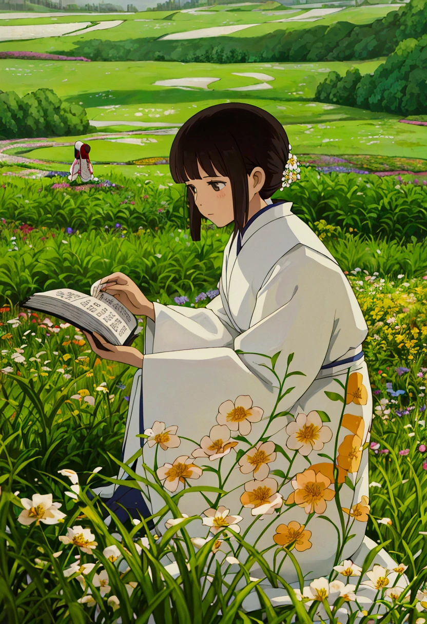 arafed woman sitting in a field of flowers reading a book, white hanfu, palace , a girl in hanfu, girl sitting in a flower field, by Yang J, sitting in a field of flowers, in a field of flowers, in a cottagecore flower garden, hanfu, in a field with flowers, girl in flowers