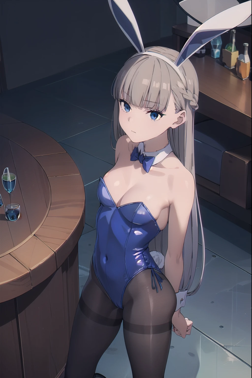 (best quality), (masterpiece),(highres), (lawine_sousounofrieren:1.10), (Lawine), 1girl, closed mouth, small Breasts, (blue playboy bunny: 1.3), (blue fake rabbit ears: 1.3), (black pantyhose), (white high-heels), arms behind back, Carboy shot, standing, casino, from above