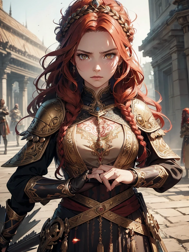 (by Greg Rutkowski: 1.2), (masterpiece), ((best quality)), extremely delicate and beautiful, illustration, highly detailed face and body. ((fierce and powerful warrior queen with a braided crown of fiery red hair, piercing golden eyes, dressed in ornate armor embellished with intricate patterns and wielding a mighty sword, radiating strength and leadership)), ((Heavy clothing, Very warm clothes)), cool face, HD. elegance. photorealism. Unreal engine. From Brian Froud and Carne Griffiths and Wadim Kashin and John William Waterhouse, 8K post-production, high resolution, hyperdetailed, depth of field, HDR, intricate