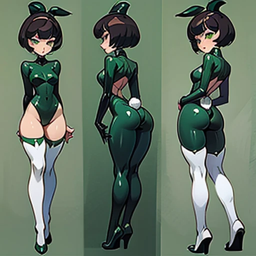 Slim woman with pronounced hips, with Short dark hair with a bop style cut, small Black lips, big Green eyes , dressed in erotic green latex bunny suit With and white stockings , in various views (front and back) (full body) ((Character sheet))