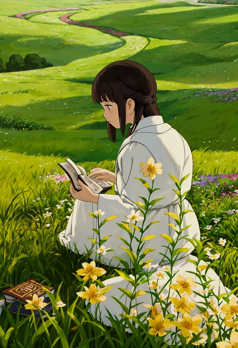 arafed woman sitting in a field of flowers reading a book, white hanfu, palace ， a girl in hanfu, girl sitting in a flower field, by Yang J, sitting in a field of flowers, in a field of flowers, in a cottagecore flower garden, hanfu, in a field with flowers, girl in flowers