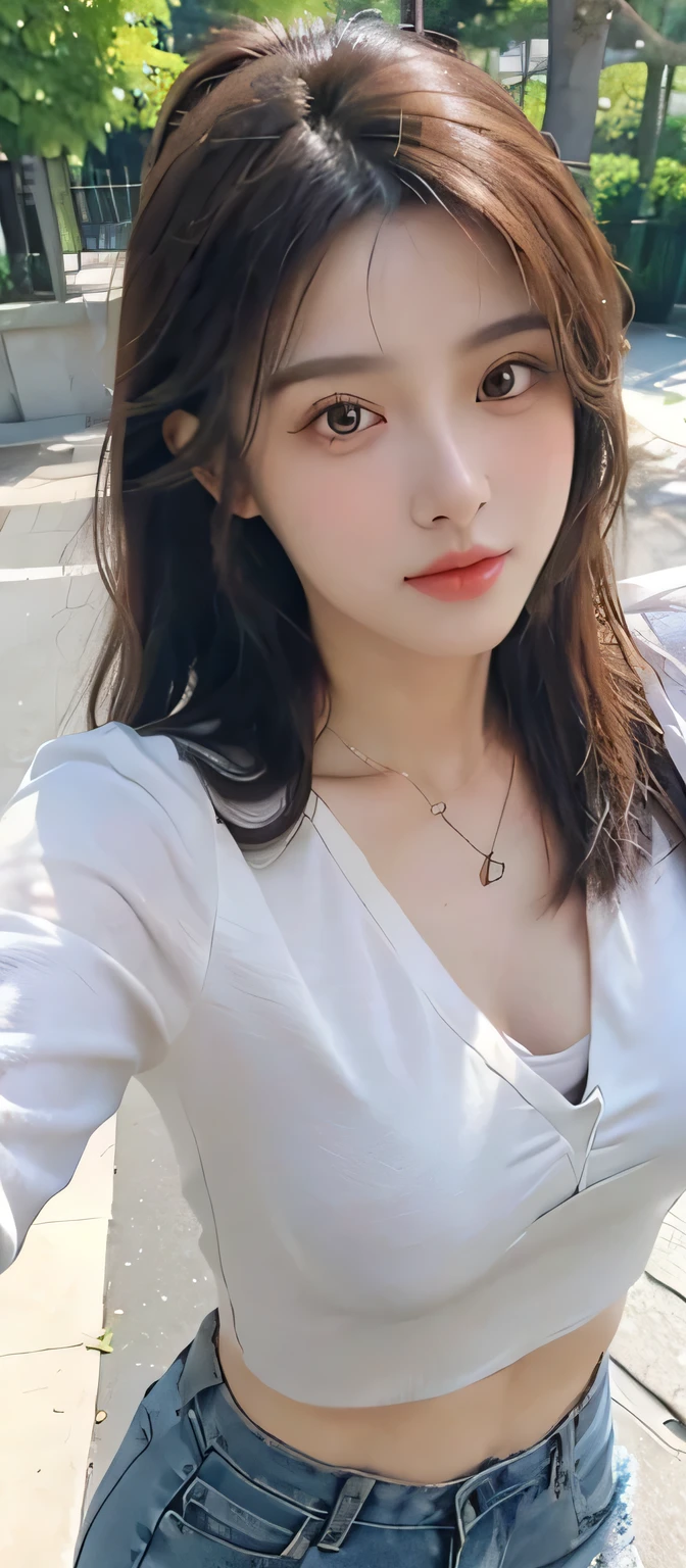 light-brown hair, small breasts, slim waist, thick thighs, shapely butt, slim body, ponytail, (((tight blouse))), cleavage, necklace, seductive posture, breast squeeze, downblouse, leaning forward, park, path, trees, flowers, distant city in the background, looking at viewer, sultry look, (((selfie)))