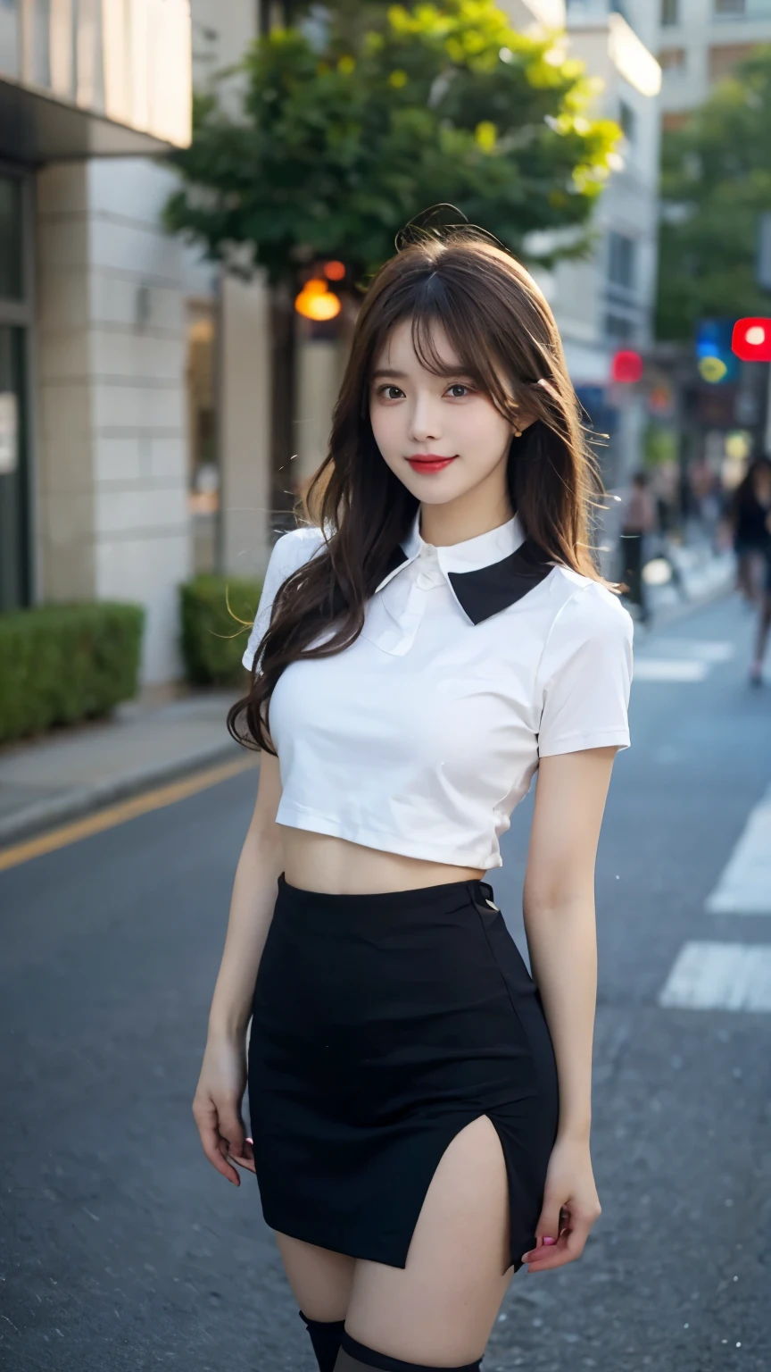 Best quality， Ultra-high resolution， Face Focus（truly：1.6），Cute hairpin，Baoyu girl，1 Girl, Beautiful slim woman:1.4, Abdominal muscles:1.2, (Brown hair,Medium breasts:1.4), shirt:1.1, outdoor（Depth of Field：2）,Ultra-thin face，Exquisite eyes，Double eyelids，Smile，whole body，Thin legs，Long legs，Standing，Dance moves，Slender legs，I can see your thighs，Short skirt，Collar（1.8），Black translucent stockings（1.6）