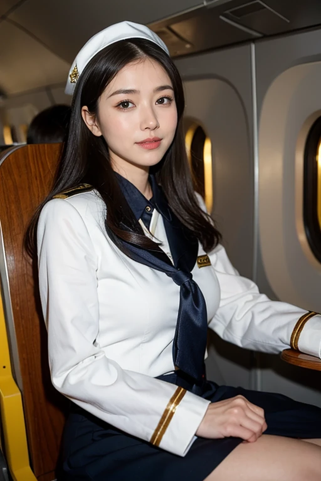 (8k, best quality, masterpiece), (((stewardess, flight attendant uniform))), (Japanese beautiful woman, glamorous body ), in airplane