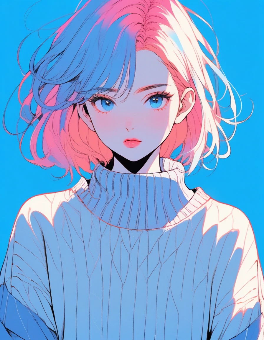 Illustrator, anime , Realistic ,sketch , 1 girl, ,lip, sweater,order, Blue gradient background, Neon Hair,Texture Trim, Japanese, (masterpiece,Highest quality) Cancer