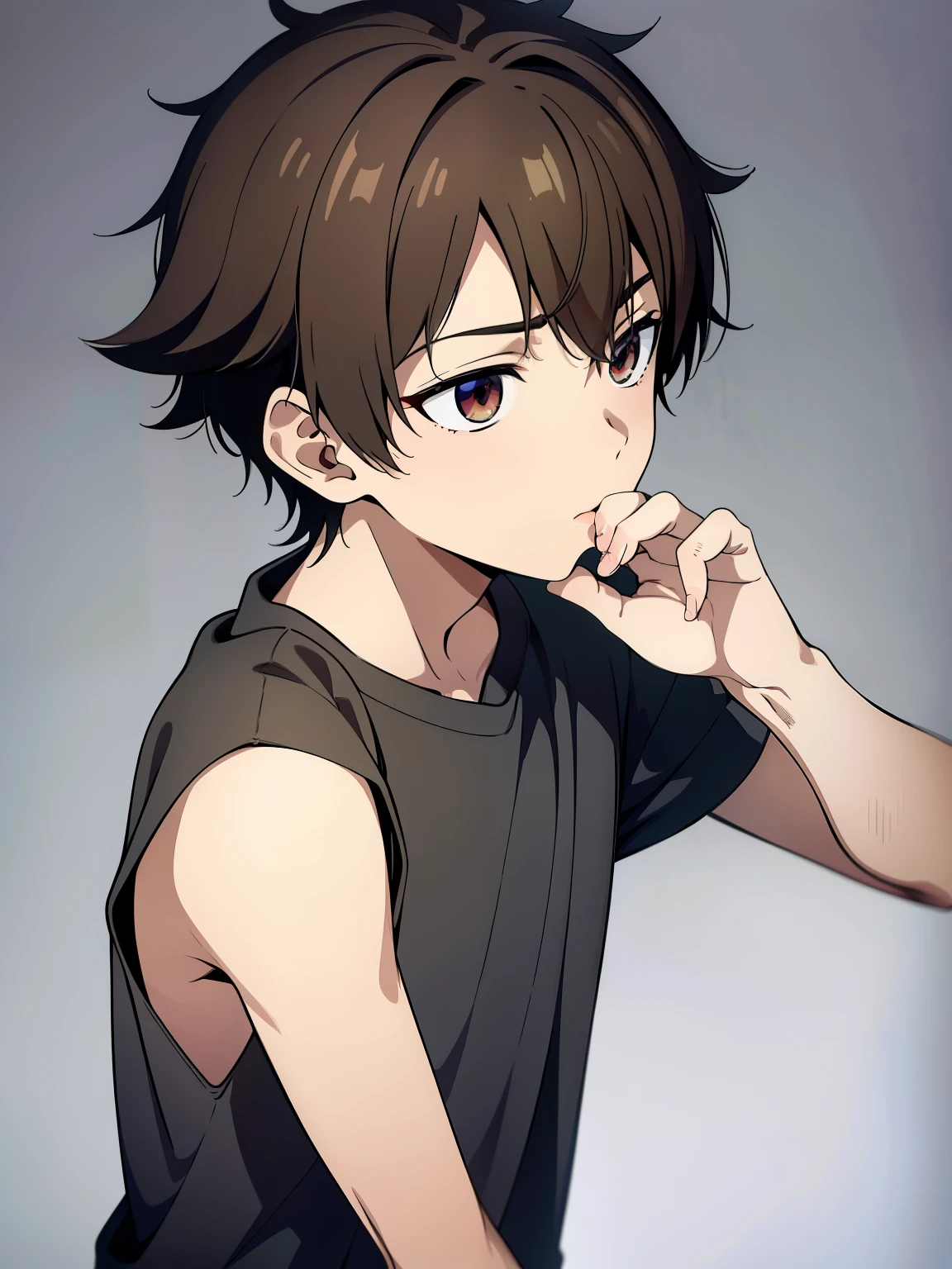 Highres, Masterpiece, Best quality at best,Best Quality,hight quality, hight detailed, Anime style, ******, 1boy, Boy, Shota, Young boy, upper body, slim body, messy hair, grey background, Fellatio Gesture, (very young boy), (Very small and short body), uhd, bokeh