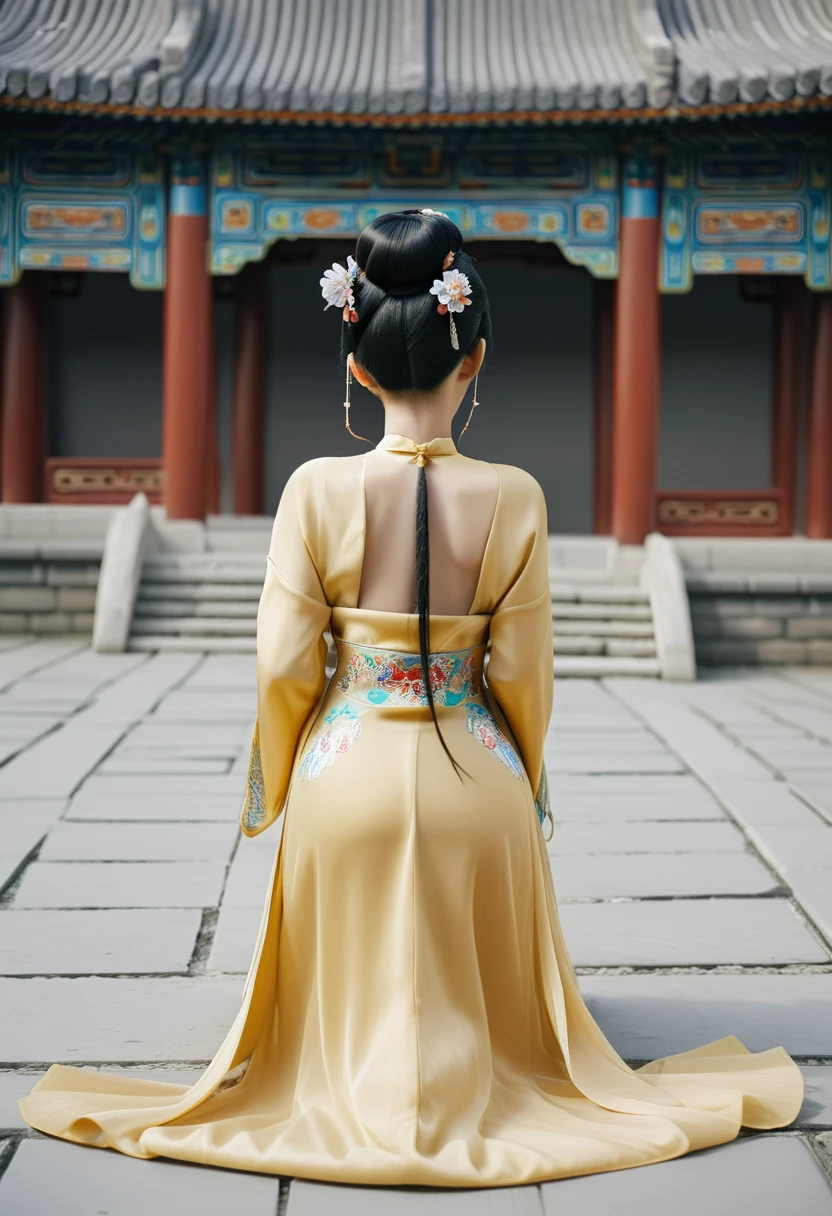 A side view of a Chinese empress on all fours, a close-up of her buttocks. The background is the stone paving outside the Chinese palace of the Qing dynasty. She is on all fours, with her hands on her chest, her big buttocks exposed, her thighs sticking out, her legs open and touching the ground, she is not wearing underwear, her buttocks sticking out are floating up. Her hair is decorated with a large, flashy flower. The back of the hair is tied up and up. Erotic Woman