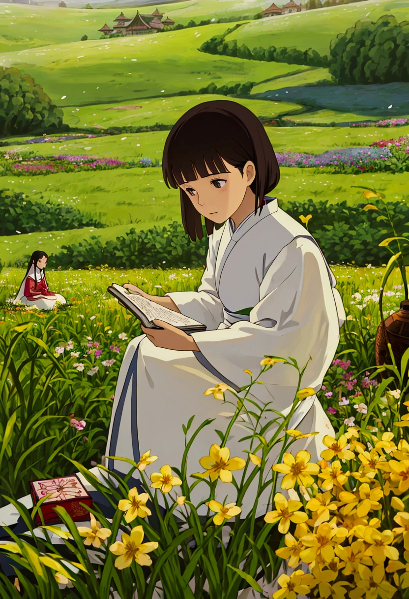 arafed woman sitting in a field of flowers reading a book, white hanfu, palace , a girl in hanfu, girl sitting in a flower field, by Yang J, sitting in a field of flowers, in a field of flowers, in a cottagecore flower garden, hanfu, in a field with flowers, girl in flowers