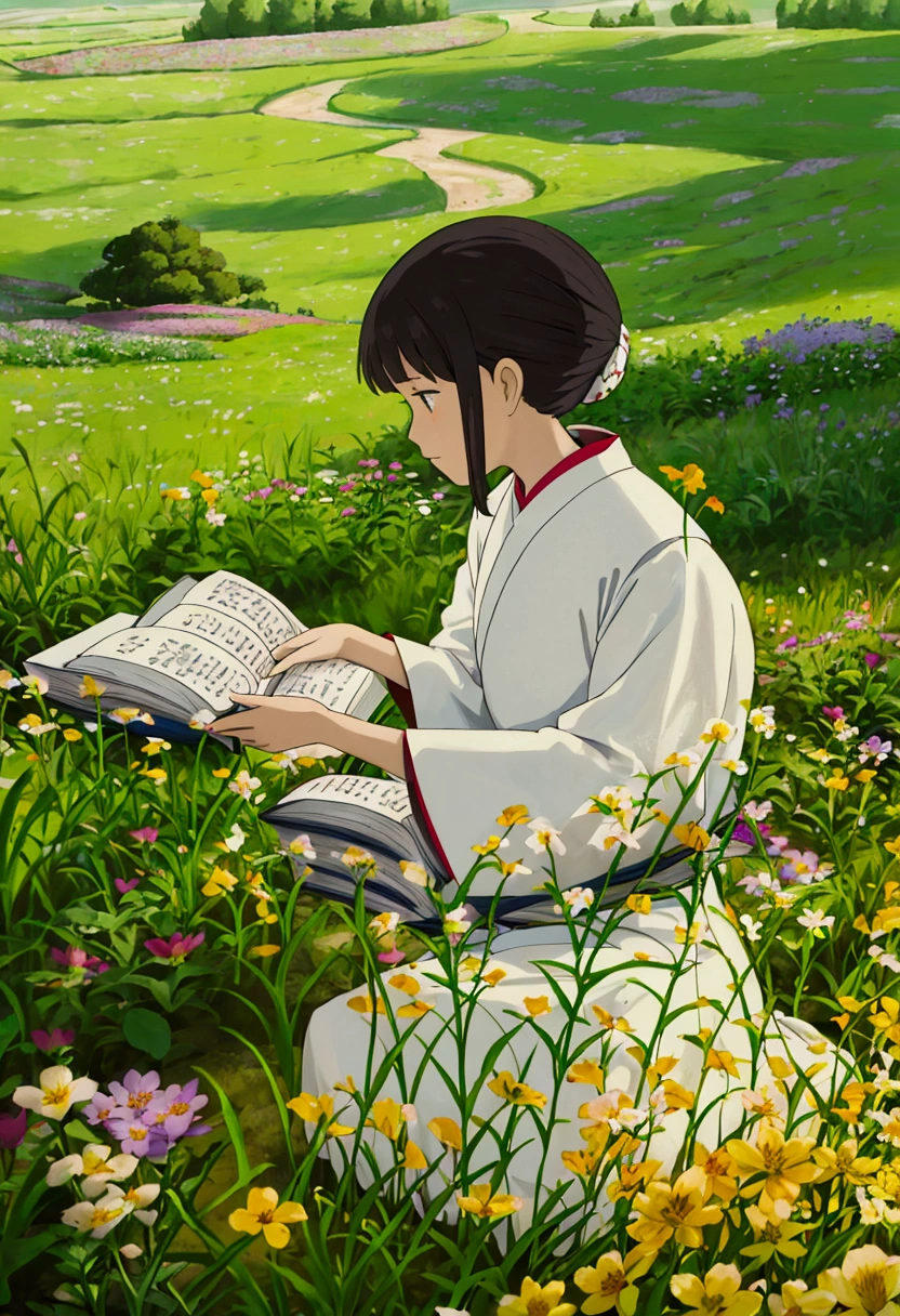 arafed woman sitting in a field of flowers reading a book, white hanfu, palace , a girl in hanfu, girl sitting in a flower field, by Yang J, sitting in a field of flowers, in a field of flowers, in a cottagecore flower garden, hanfu, in a field with flowers, girl in flowers