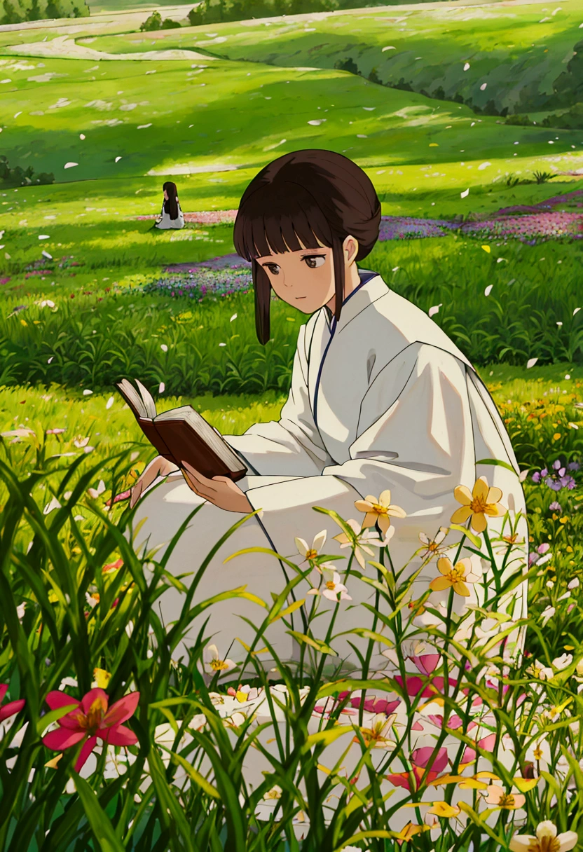 arafed woman sitting in a field of flowers reading a book, white hanfu, palace ， a girl in hanfu, girl sitting in a flower field, by Yang J, sitting in a field of flowers, in a field of flowers, in a cottagecore flower garden, hanfu, in a field with flowers, girl in flowers