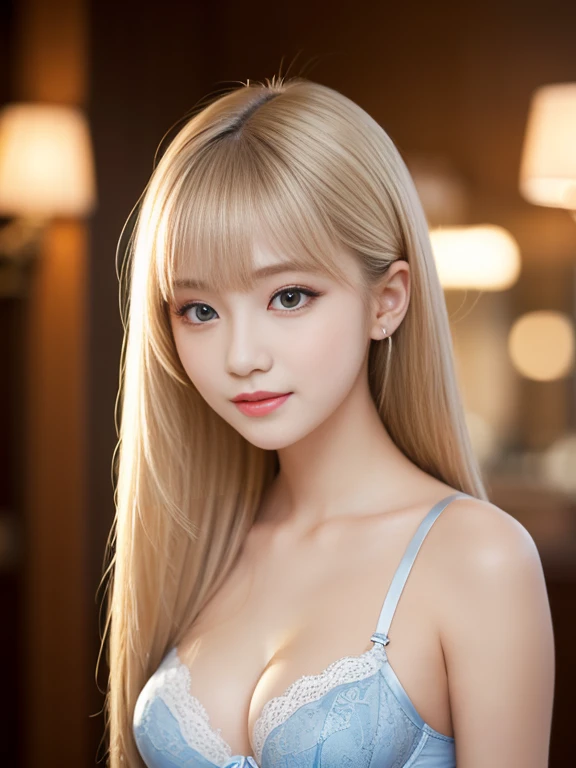 Portraiture、Sexy Lingerie、Bright expression、ponytail、Young and shiny white glossy skin、Best Looks、Blonde reflection、Platinum blonde hair with dazzling highlights、Bright shiny hair,、Super long silky straight hair、Shiny beautiful bangs、Sparkling, clear, attractive big blue eyes、A very beautiful, adorable and cute 19-year-old girl.、Big Breasts:3.0、A chest that&#39;s about to burst、I can see her cleavage、I can see the curves under my breasts、Underwear that covers the areola、Trained abdominal muscles、Narrow waist、Captivating look、Sexy look、Moisturized lips、Fancy eye makeup、Sexy False Eyelashes、(Brown Skin:2.0、Sunburned skin)