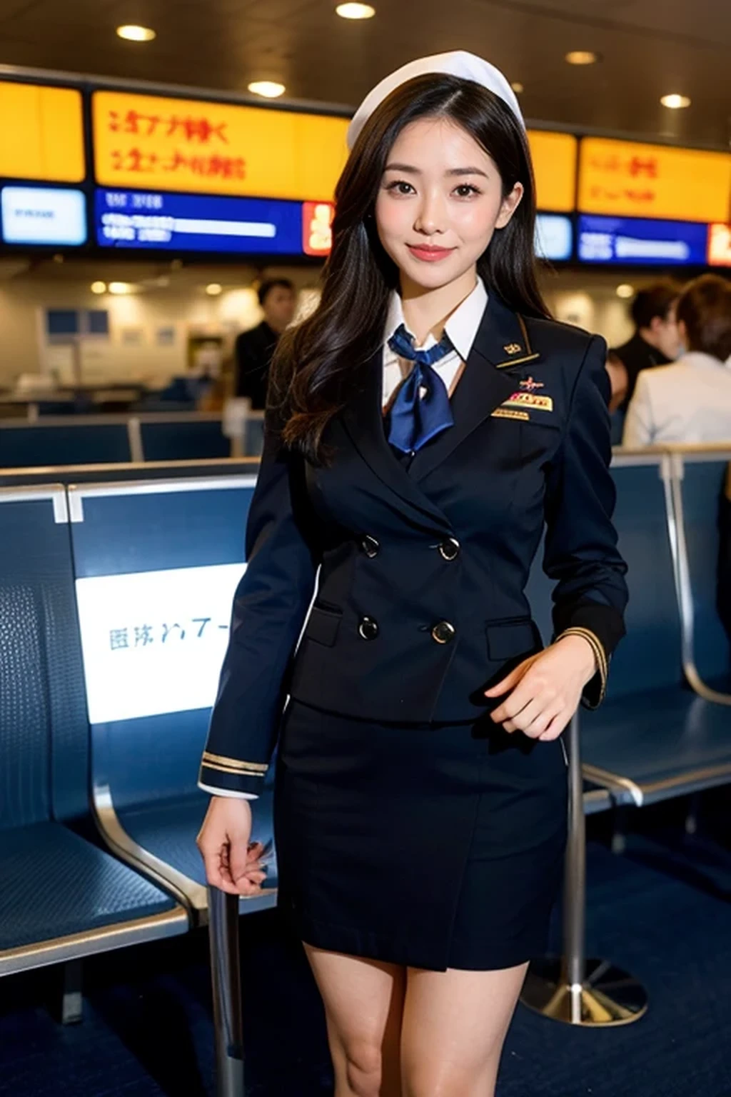 (8k, best quality, masterpiece), (((stewardess, flight attendant uniform))), (Japanese beautiful woman, glamorous body ), (airport:1.5)