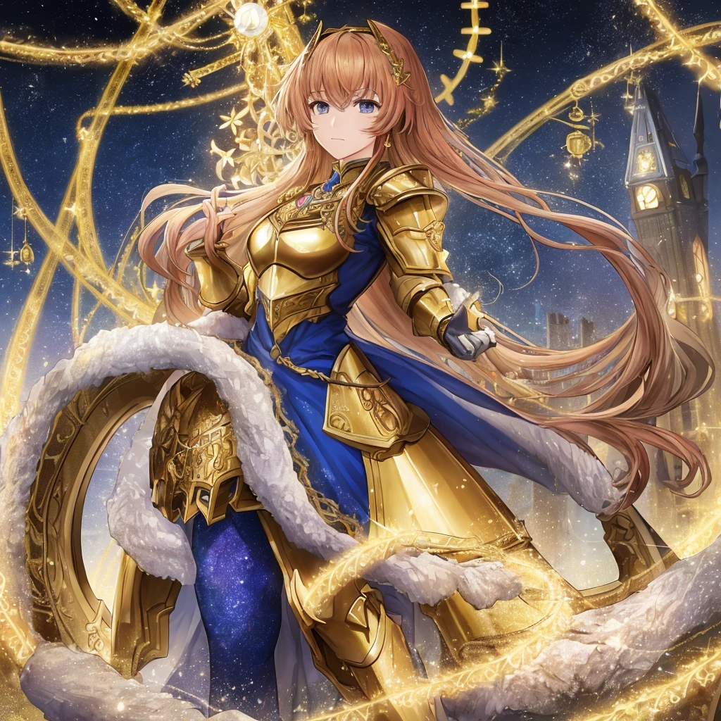(masterpiece, 4K resolution, Ultra-realistic, Very detailed), (Theme song of the 12 Zodiac Knights, Charming, There is a girl at the top of this city, Sagittarius knight in golden armor, She&#39;s a superhero), [ ((20 years), (Long green hair:1.2), whole body, (Green Eyes:1.2), ((Fighting Stance),demonstration of strength), ((Sandy urban environment):0.8)| (city View, night, Dynamic Lighting), (Full Moon))