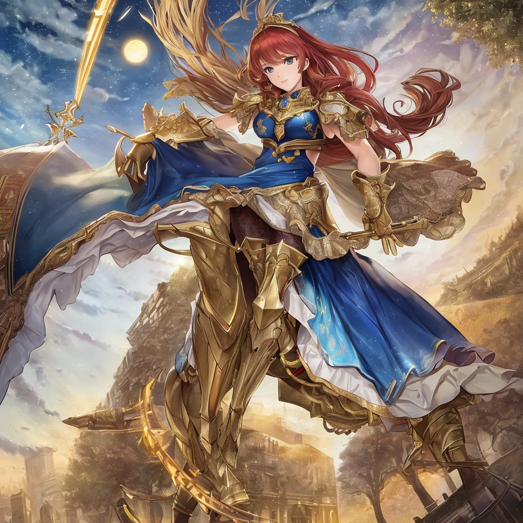 (masterpiece, 4K resolution, Ultra-realistic, Very detailed), (Theme song of the 12 Zodiac Knights, Charming, There is a girl at the top of this city, Sagittarius knight in golden armor, She&#39;s a superhero), [ ((20 years), (Long green hair:1.2), whole body, (Green Eyes:1.2), ((Fighting Stance),demonstration of strength), ((Sandy urban environment):0.8)| (city View, night, Dynamic Lighting), (Full Moon))
