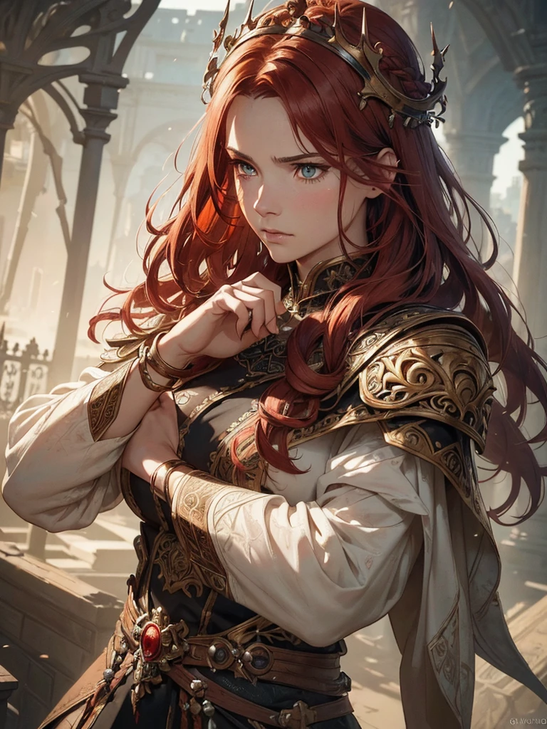 (by Greg Rutkowski: 1.2), (masterpiece), ((best quality)), extremely delicate and beautiful, illustration, ((highly detailed face and body, highly detailed hand and fingers)). ((fierce and powerful warrior queen with a braided crown of fiery red hair, piercing golden eyes, dressed in ornate armor embellished with intricate patterns and wielding a mighty sword, radiating strength and leadership)), ((Heavy clothing, Very warm clothes)), cool face, HD. elegance. photorealism. Unreal engine. From Brian Froud and Carne Griffiths and Wadim Kashin and John William Waterhouse, 8K post-production, high resolution, hyperdetailed, depth of field, HDR, intricate