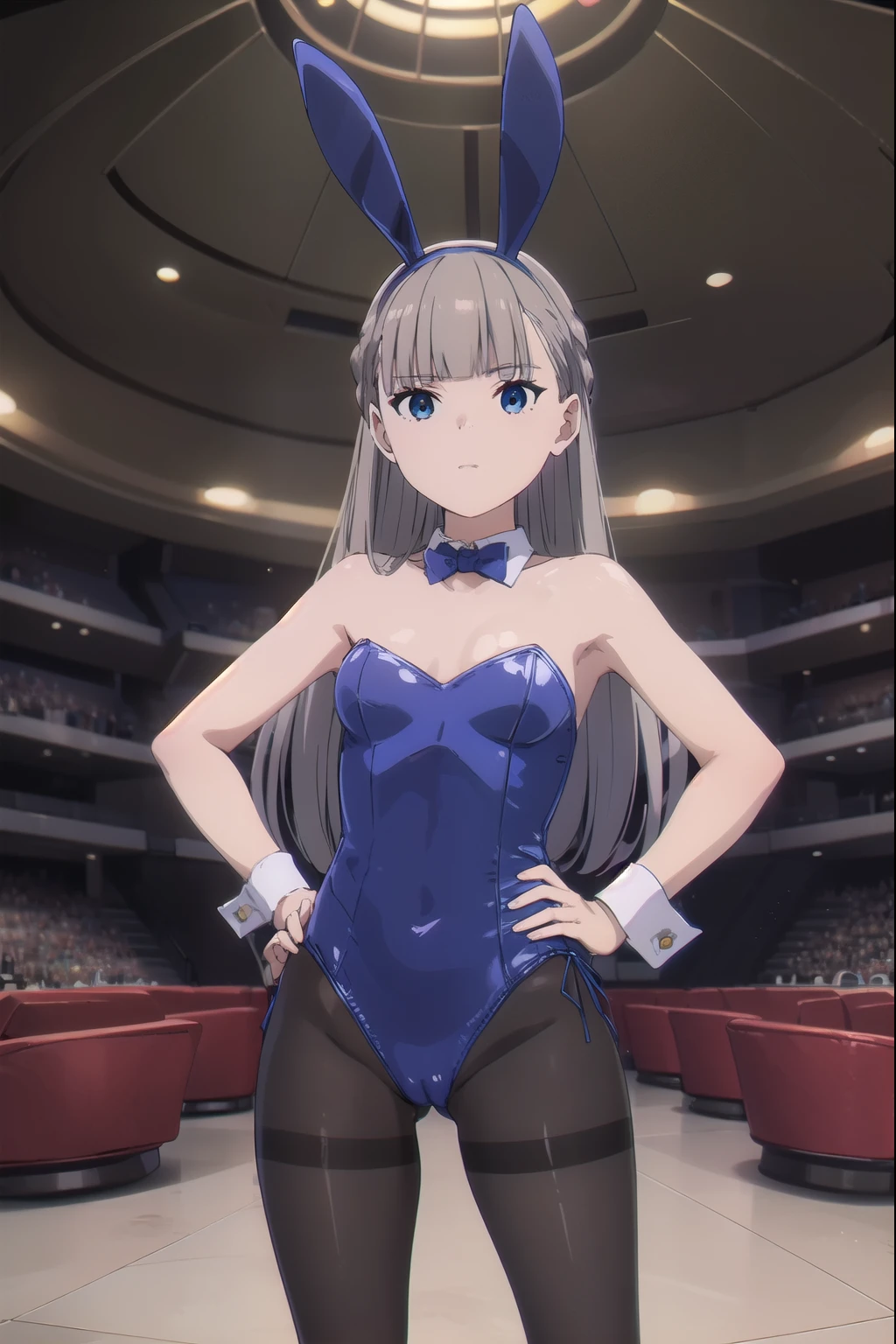 (best quality), (masterpiece),(highres), (lawine_sousounofrieren:1.10), (Lawine), 1girl, closed mouth, looking at viewer, small Breasts, (blue playboy bunny: 1.3), (blue fake rabbit ears: 1.3), (black pantyhose), (white high-heels), hands on hips, Carboy shot, standing, standing, crowd, casino