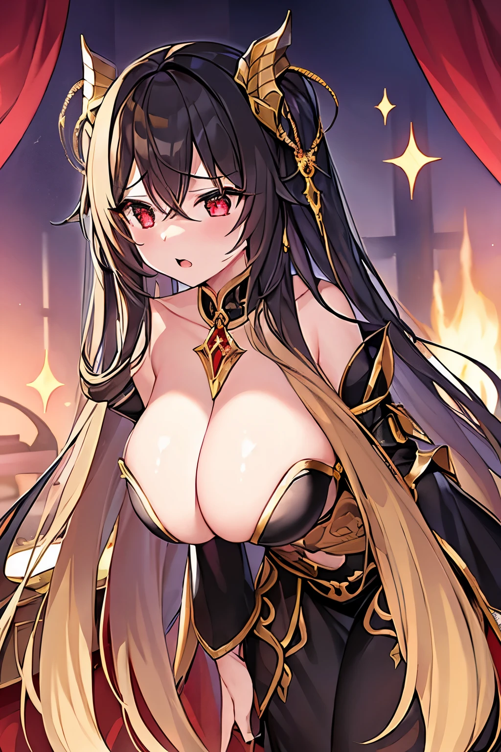 1 girl、Golden long hair、Fantasy、goddess、Black clothing、Gold decoration、Aggressive design、Bigger breasts、Expose、Shameless、Provocative、Fan、Lust、((Expression of agony))、(sexual excitement)、Trance、Hollow red eyes、Devil hornake a Deal with the Devil)、Climax