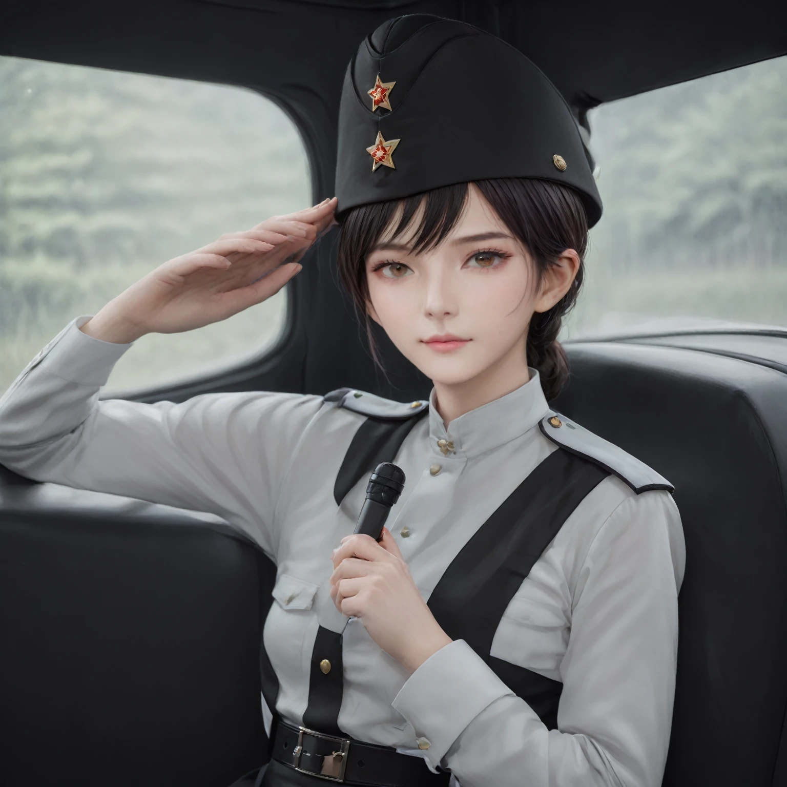 there is a man in a uniform sitting in a car, cai xukun, jk uniform, girl wearing uniform, inspired by Yanjun Cheng, beautiful androgynous prince, delicate androgynous prince, in black uniform, yanjun chengt, officer, outfit: cop, sha xi, trending on cgstation, professional cosplay, captured on canon eos r 6