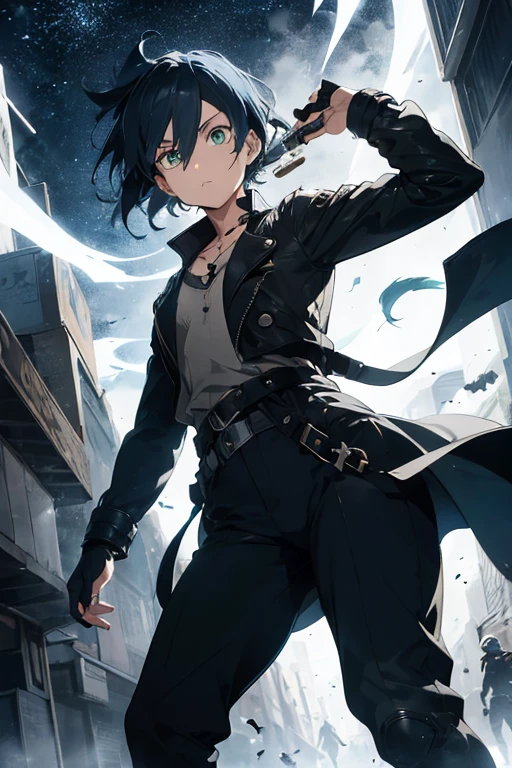 (Jojo Bizzare adventure style and an anime style) Gender: Male
Age: 24
Height: 5'11" (180 cm)
Build: Lean and athletic
Hair: Medium-length, dark blue with lighter streaks, slightly messy and wavy
Eyes: Piercing green with a hint of blue, giving a spectral glow in dim light
Skin Tone: Pale, with a faint ethereal sheen
Clothing:
Top: Wears a long, dark trench coat with silver trim and a high collar, reminiscent of a ghostly hunter.
Bottom: Dark trousers with subtle, glowing patterns that shimmer in the light.
Footwear: Black combat boots with reinforced toes and ghostly blue accents.
Accessories: A necklace with a small vial of glowing ectoplasm, fingerless gloves, and a utility belt with various ghost-hunting tools.
Personality:
Traits: Mysterious, calm, and collected. Alex is highly intelligent and resourceful, always thinking several steps ahead.