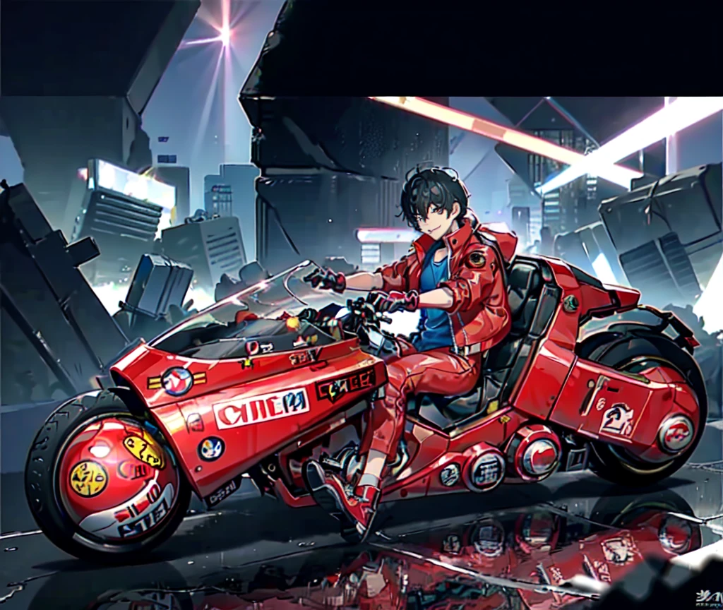 closed - up, upper body, masterpiece, best quality, a pretty young boy, young face, wearing red jacket and short pants, (riding a blue akirabike In the ruins of a cyberpunk city after a thermonuclear war, Broken neon signs hanging from buildings), (round scifi metal breastplate coldly), long legs, (big warm grin), Lots of exposed broken cables pureerosface_v1