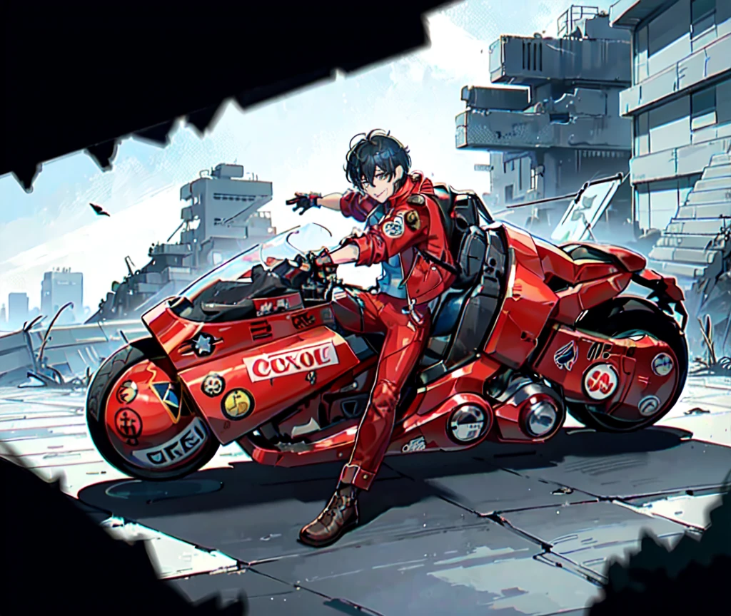 Close - Up, Upper Body, masterpiece, Highest quality, Cute boy, Young Face, Wearing a red jacket and shorts, (Riding an Akira bike、Running through the ruins of a post-nuclear cyberpunk city, Broken neon sign hanging from building), (Round SF metal chestplate cold), Long legs, (Big warm smile), Lots of exposed broken cables pureerosface_v1