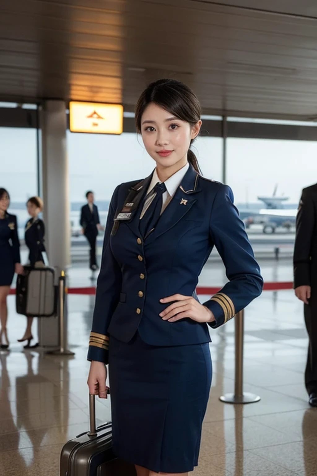 (8k, best quality, masterpiece), (((stewardess, flight attendant uniform))), (Japanese beautiful woman, glamorous body ), (airport:1.5)