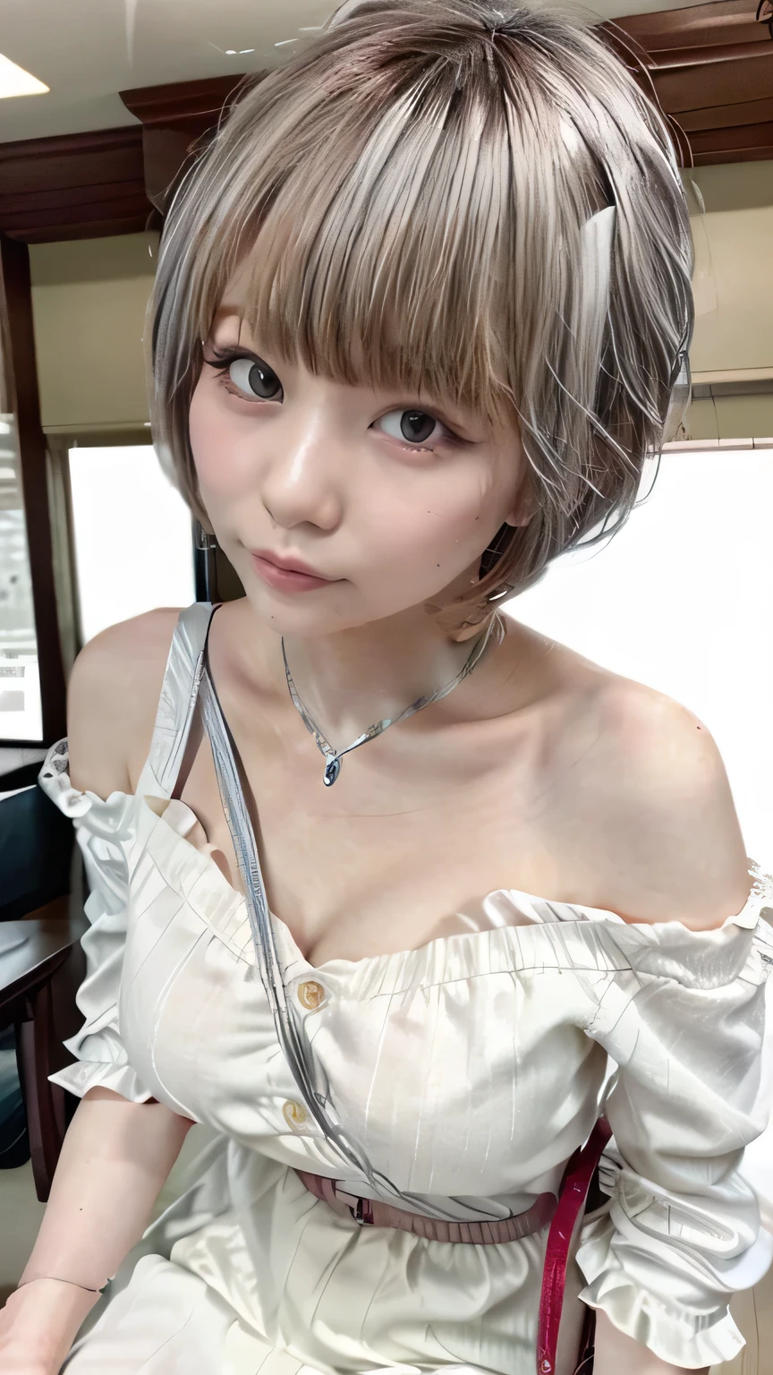 (Realistic、Like a photograph、Live Action、8k, Realistic, RAW Photos, Best image quality: 1.4), Single-lens reflex camera、RAW Photos, Highest quality, Realistic, Highly detailed CG Unity 8k wallpaper, Written boundary depth, Cinematic Light, Lens flare, Ray Tracing, Realistic background、A landmine girl waiting for an appointment、((Wearing an off-shoulder white blouse:1.4)、((Wear wide leg pants:1.1、((The strap of the shoulder bag passes between the chest:1.5、paisla:1.5、Vice Rush)))、Small breasts)、Cute ass)、((ultra high density skin))、 1 female,cute Japanese、Standing in front of the station, waiting for someone while looking at his smartphone、The whole body is visible:1.5、Wearing sneakers:1.1、((Silver Hair:1.5)、short hair:1.2、My hair flutters in the wind)、stylish ambiance、Very detailed and perfect costume、(White skin)、Precise and beautiful legs:1.1、View from the front、Super detailed face