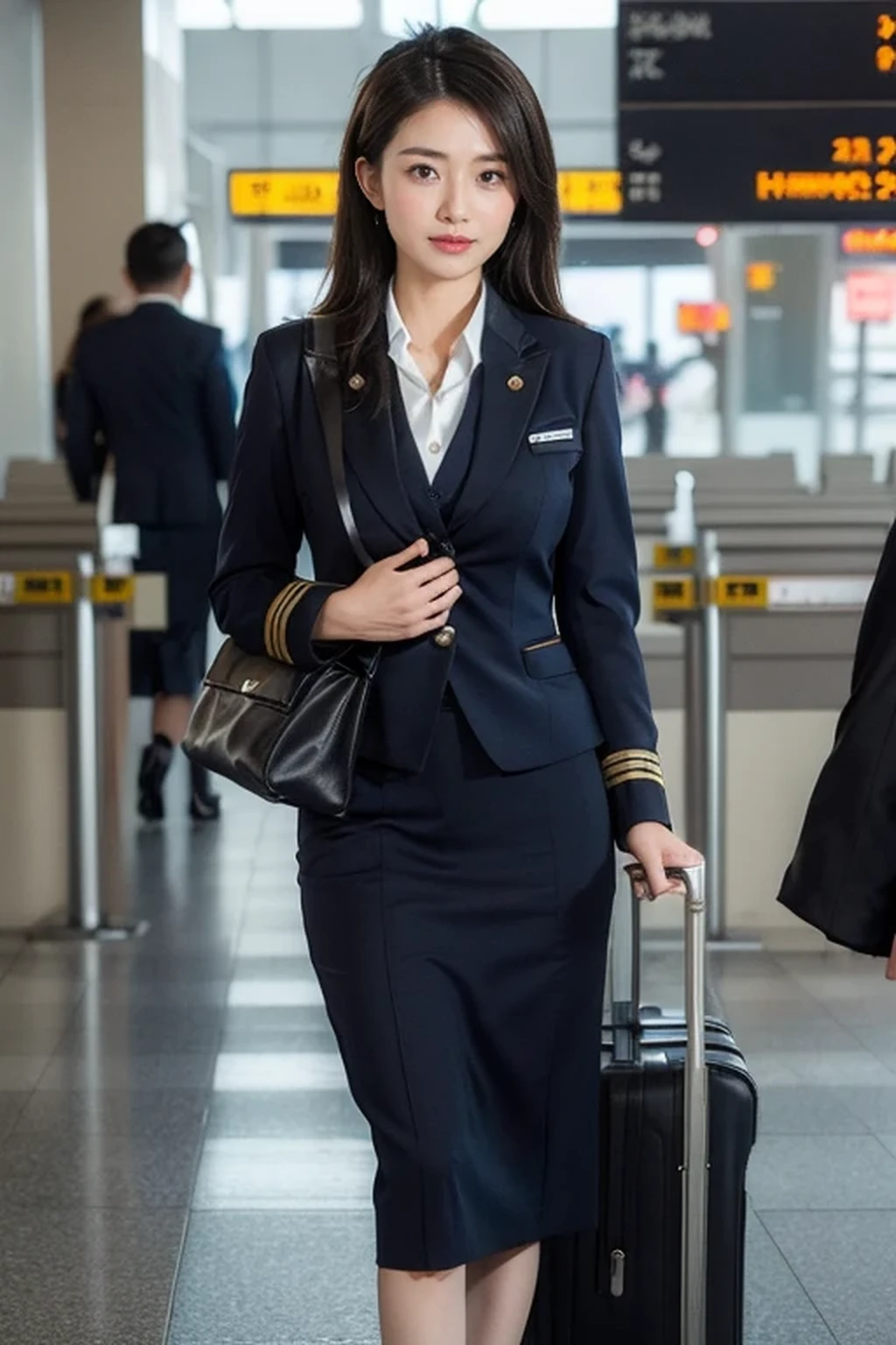 (8k, best quality, masterpiece), (((stewardess, flight attendant uniform))), (Japanese beautiful woman, glamorous body ), (airport:1.5)
