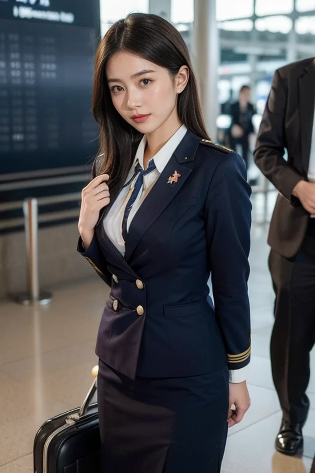 (8k, best quality, masterpiece), (((stewardess, flight attendant uniform))), (Japanese beautiful woman, glamorous body ), (airport:1.5)
