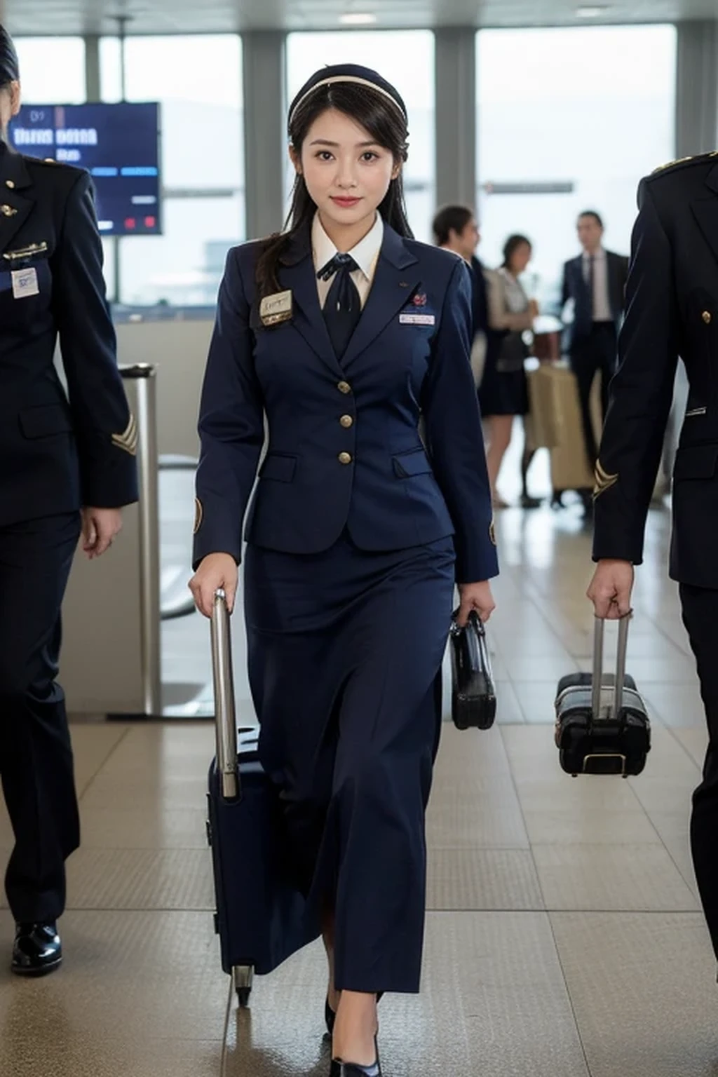 (8k, best quality, masterpiece), (((stewardess, flight attendant uniform))), (Japanese beautiful woman, glamorous body ), (airport:1.5)