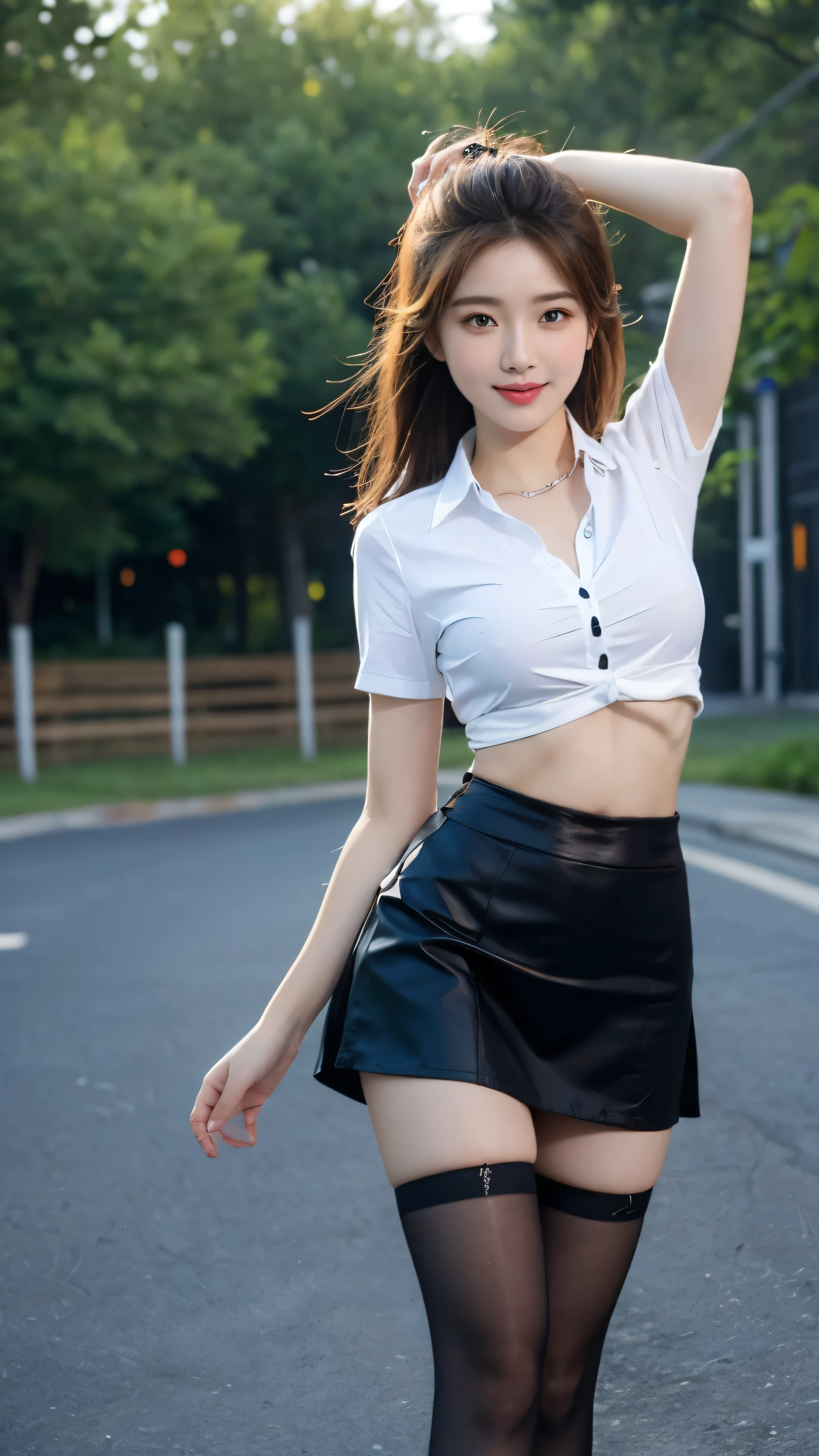 Best quality， Ultra-high resolution， Face Focus（Realistically：2），Cute hairpin，Baoyu girl，1 Girl, Beautiful slim woman:1.4, Abdominal muscles:1.2, (Brown hair,Medium breasts:1.4), shirt:1.1, outdoor,Ultra-thin face，Exquisite eyes，Double eyelids，Smile，whole body，Thin legs，Long legs，Standing，Dance moves，Slender legs，I can see your thighs，Short skirt，Collar（1.8），Black translucent stockings（1.6）