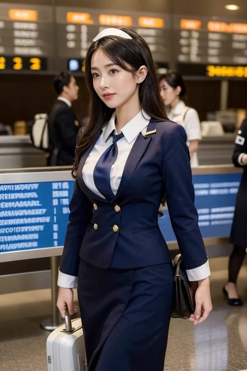 (8k, best quality, masterpiece), (((stewardess, flight attendant uniform))), (Japanese beautiful woman, glamorous body ), (airport:1.5)